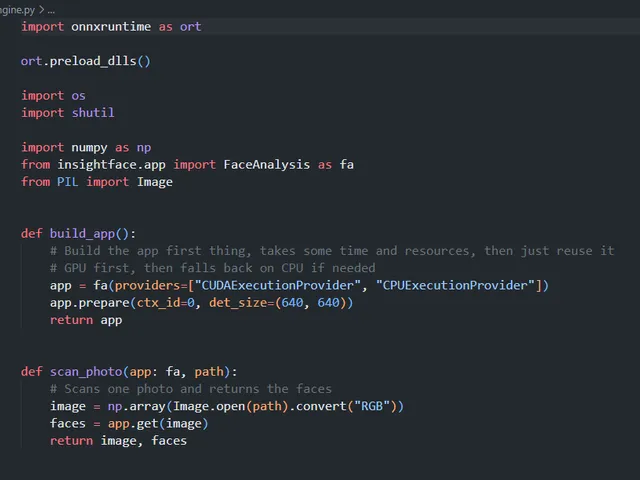 See Me's engine.py in VS Code — building the InsightFace pipeline on ONNX Runtime, CUDA first with a CPU fallback, and scanning a photo for faces.