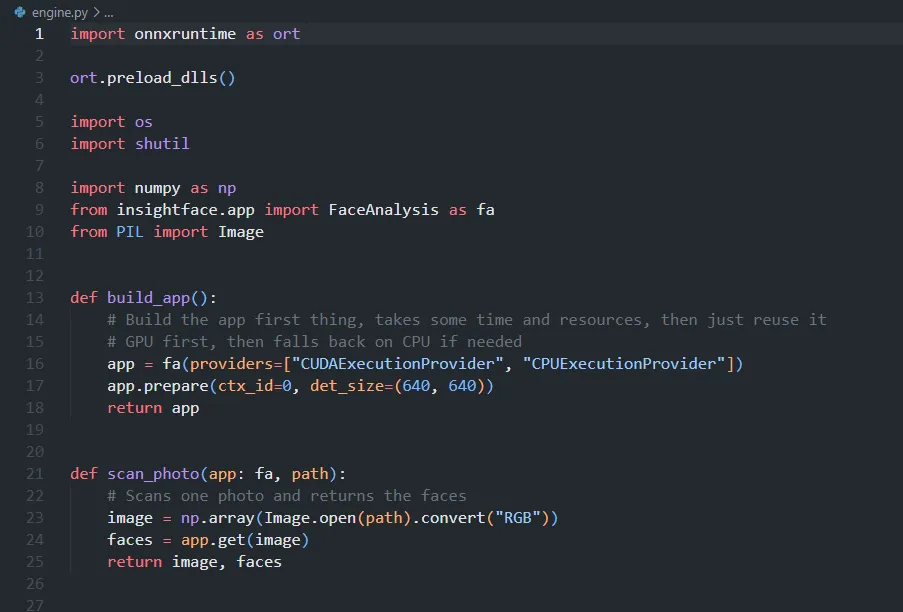 See Me's engine.py in VS Code — building the InsightFace pipeline on ONNX Runtime, CUDA first with a CPU fallback, and scanning a photo for faces.