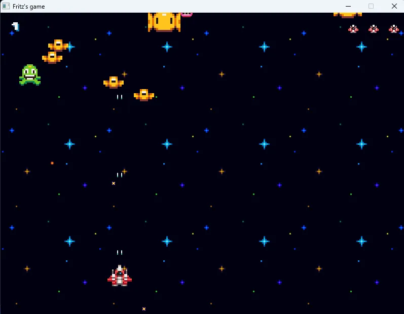 Gameplay screenshot — the player's ship firing upward at a wave of enemies over a starfield.