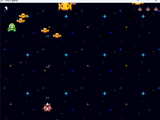 Gameplay screenshot — the player's ship firing upward at a wave of enemies over a starfield.