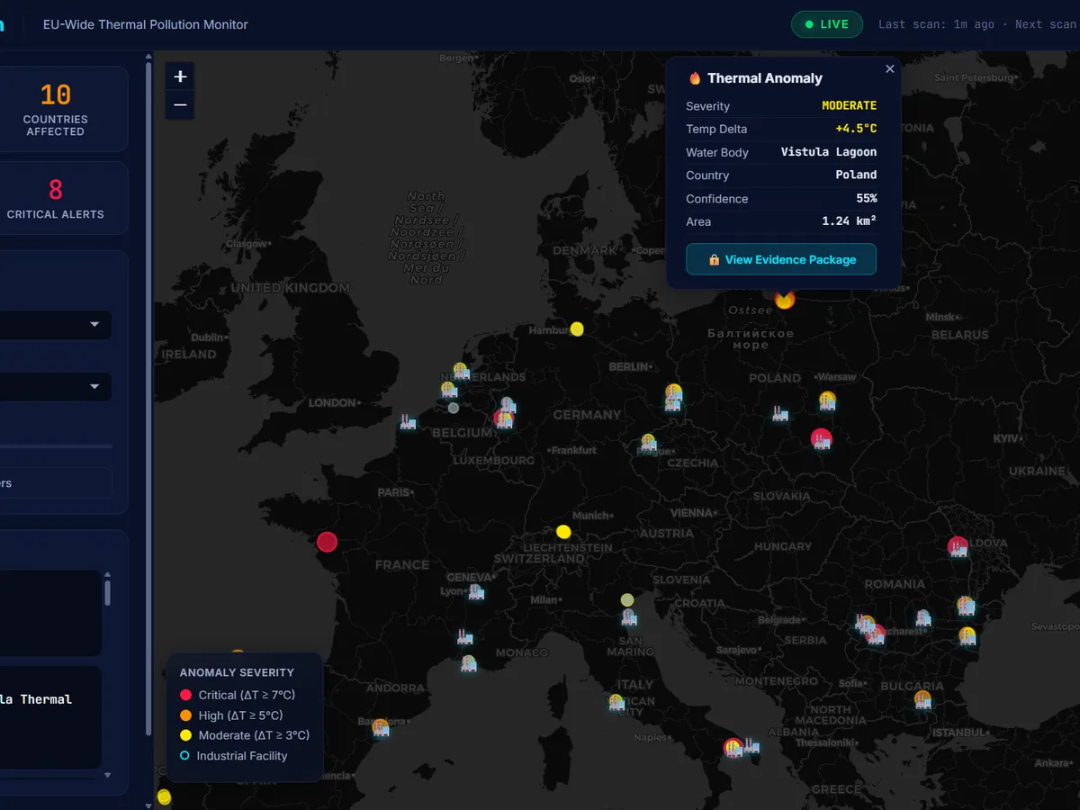 The Thermal Sleuth dashboard — a map of Europe with thermal anomaly markers, summary stats, and a detail popup for an anomaly on Poland's Vistula Lagoon.