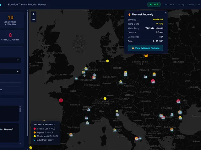 The Thermal Sleuth dashboard — a map of Europe with thermal anomaly markers, summary stats, and a detail popup for an anomaly on Poland's Vistula Lagoon.